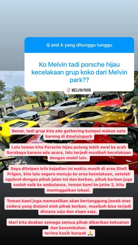 Postingan Crazy Rich Surabaya Melvin Tenggara terkait kecelakaan Porsche dengan Grand Livina di Sidoarjo. (Instagram/@melvintenggara)