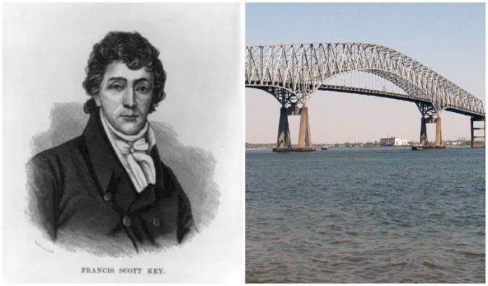 Lukisan Francis Scott Key dan Jembatan Francis Scott Key di Baltimore, Amerika Serikat Sebelum Runtuh. (Foto: nps.gov dan Wikipedia)