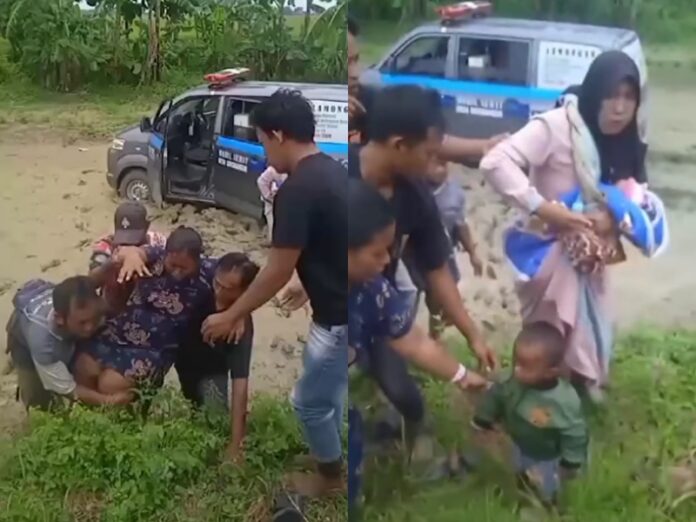 Tangkapan layar ibu baru melahirkan terjun ke sawah. (Instagram @infokedungpringlamongan)