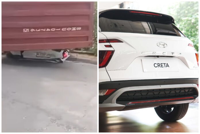 Kompilasi Kontainer Timpa Hyundai Creta dan Hyundai Creta dalam kondisi baru. (foto: Instagram/@lowslowmotif dan Hyundai)