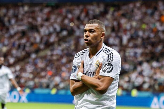 Kylian Mbappe Usai Mencetak Gol Kedua untuk Real Madrid di UEFA Super Cup. (foto: Instagram/@realmadrid)