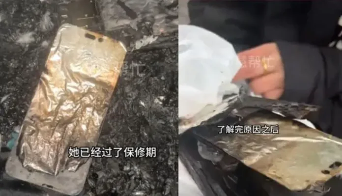 Penampakan iPhone 14 Pro Max yang hangus usai meledak dan terbakar di sebuah apartemen di Shanxi, China. (Foto: 91mobiles.com)