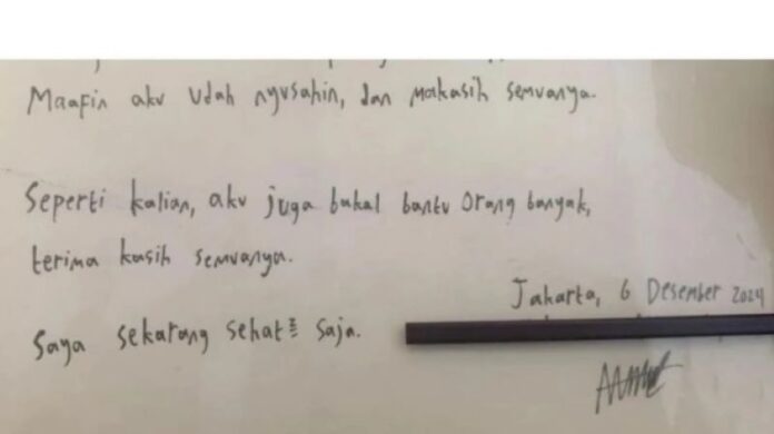 Surat Dari Anak 14 Tahun MAS Pelaku Pembunuhan Ayah dan Nenek di Lebak Bulus, Jakarta Selatan. (Foto: Istimewa)